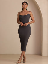 [Grå] SilkSilky-NO Spaghetti Strap Boat Neck Kjole 001