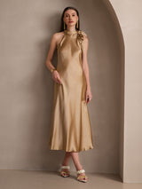 [Champagne] SilkSilky-NO Sleeveless Halterneck Kjole 007