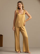 [Tan] SilkSilky-NO 19Momme Ermeløs Dyp Rund Halsutringning Pyjamas for Kvinner 005