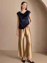 [Mørke blå] SilkSilky-NO Cap Sleeve Cowl Neck T-skjorte for Kvinner 004
