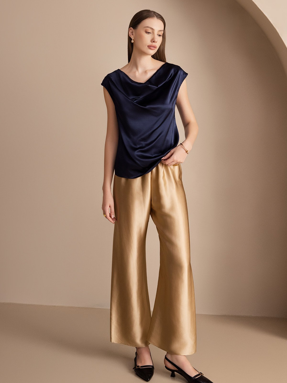 [Mørke blå] SilkSilky-NO 19Momme Silke Cowl Neck T-skjorte for Kvinner 004