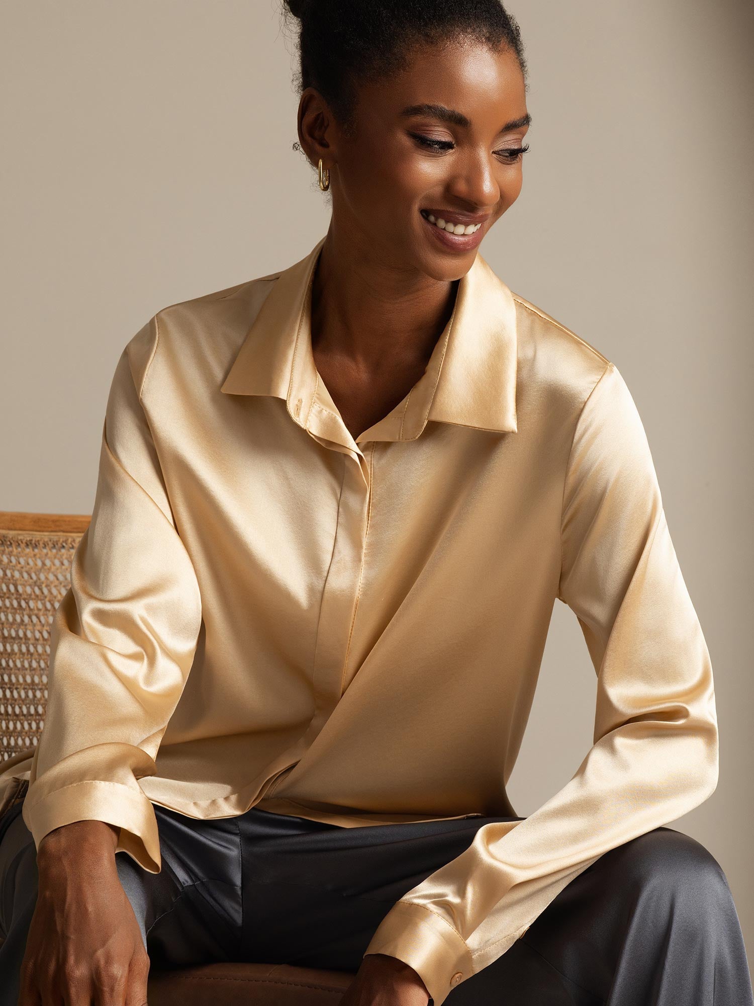 [Champagne] SilkSilky-NO 19Momme Silke Womens Shirt 001