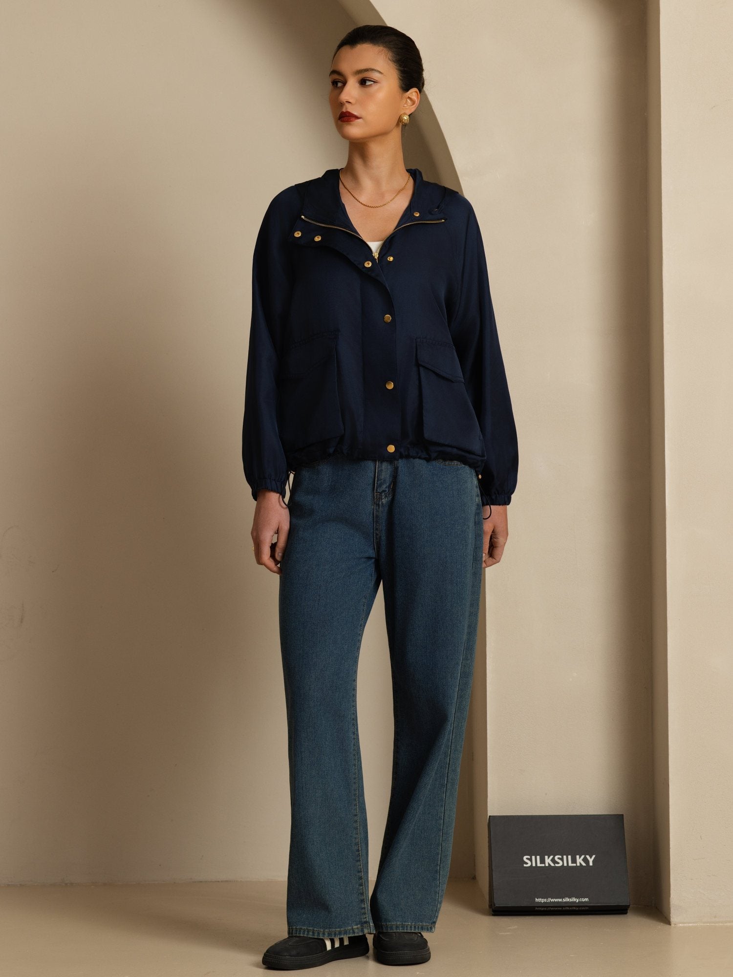 [Mørkeblå] SilkSilky-NO Langermet Høy Hals Yttertøy for Kvinner 007