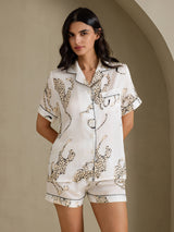 [Hvit Gepard] SilkSilky-NO Short Sleeve Notch Collar Pyjamas for Kvinner 003