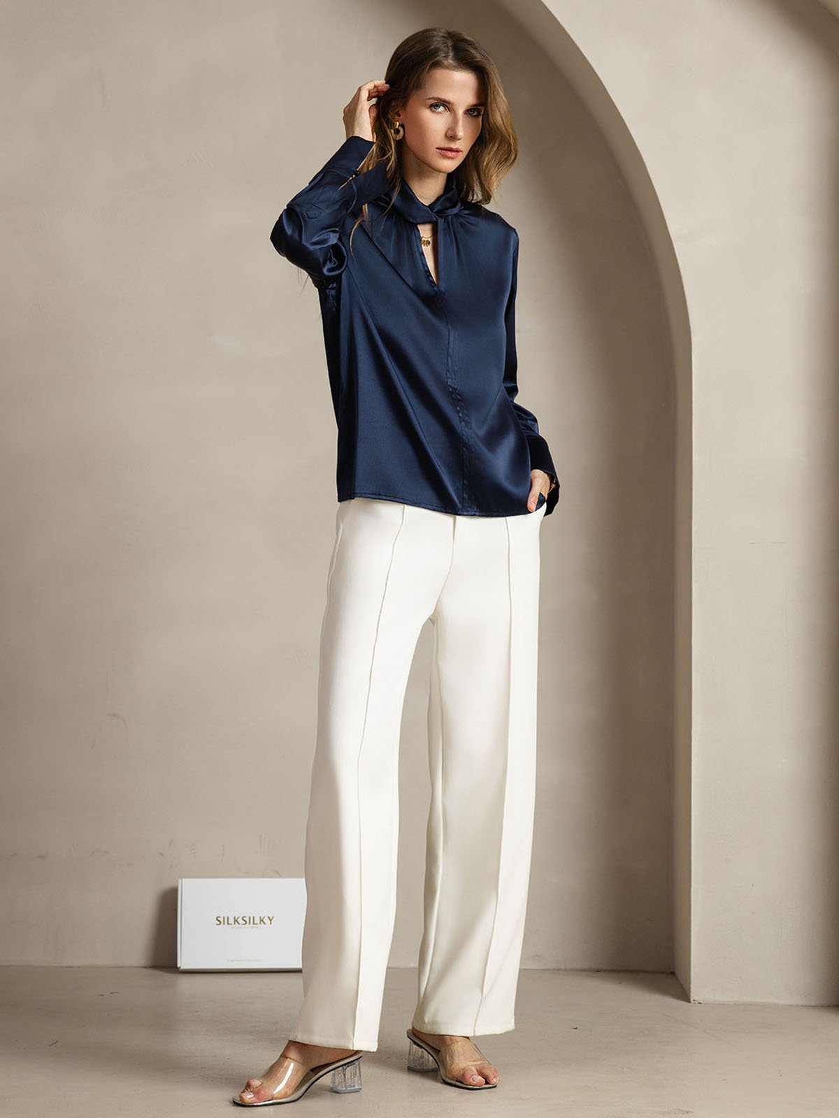 [Mørke blå] SilkSilky-NO 19Momme Silke Womens Shirt 007