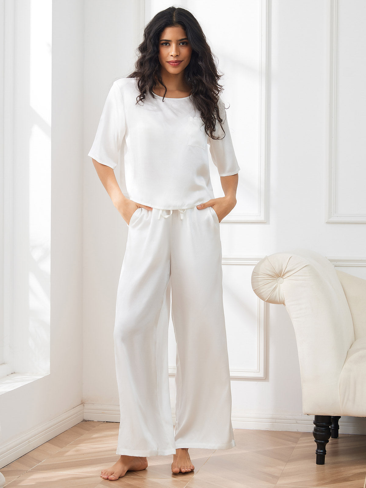 SilkSilky US Pure Silk Half Sleeve Round Neck Women's Pajamas White 004