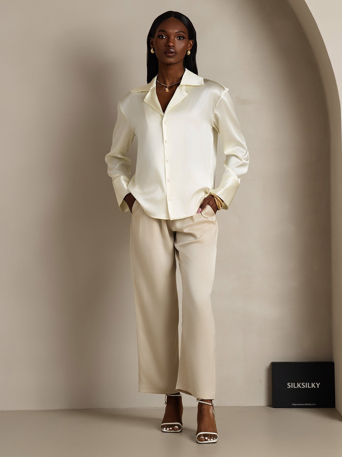 SilkSilky-NO 19Momme Silke Lapel Skjorte for Kvinner Elfenbein 006