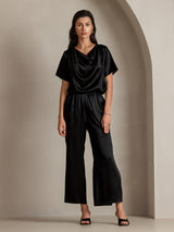 [Svart] SilkSilky-NO Short Sleeve Cowl Neck Damebluser 005