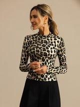 [Leopard] SilkSilky-NO Langermet Falsk Krage T-skjorte for Kvinner 004
