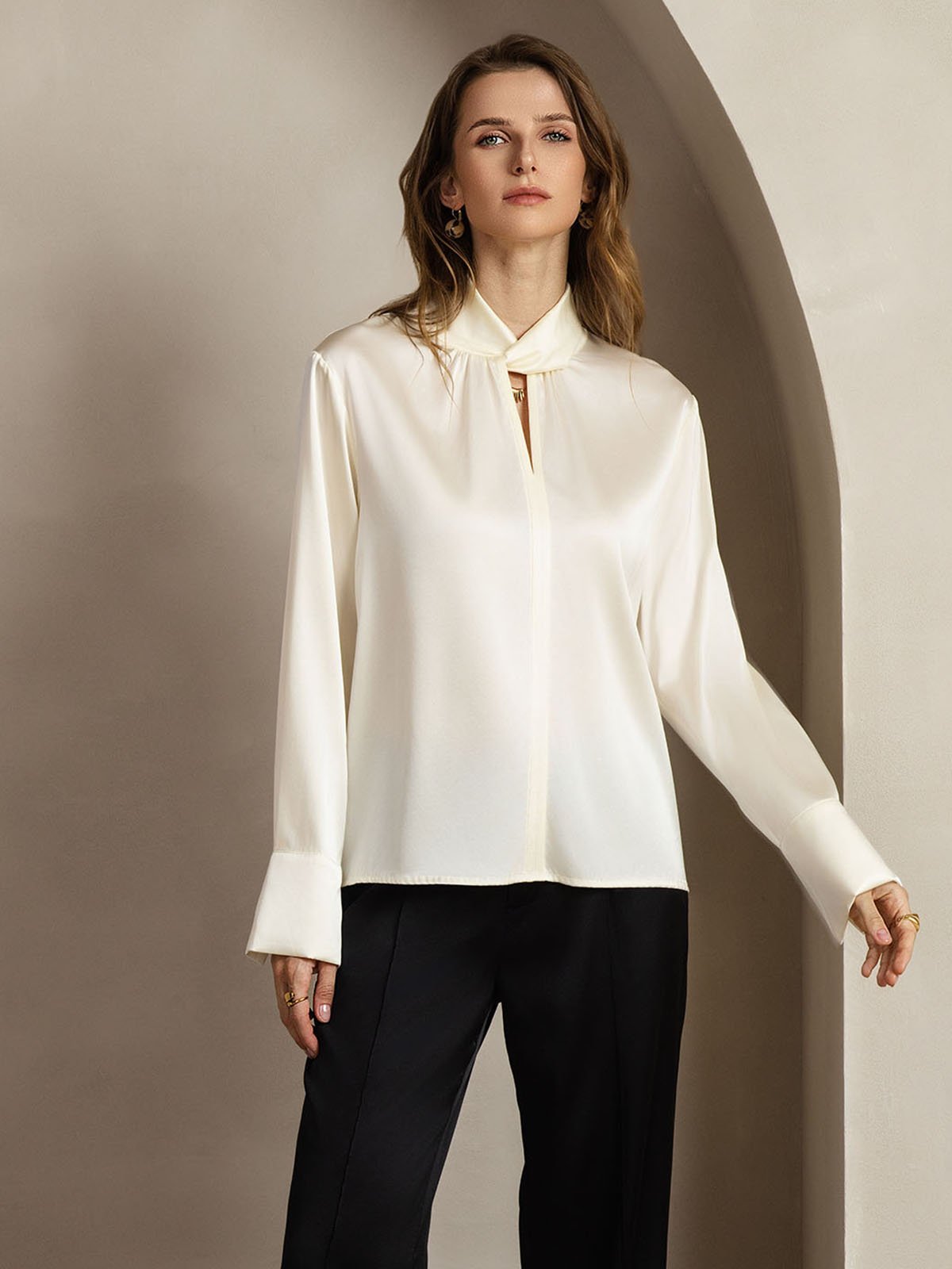 [Elfenbein] SilkSilky-NO 19Momme Silke Womens Shirt 009