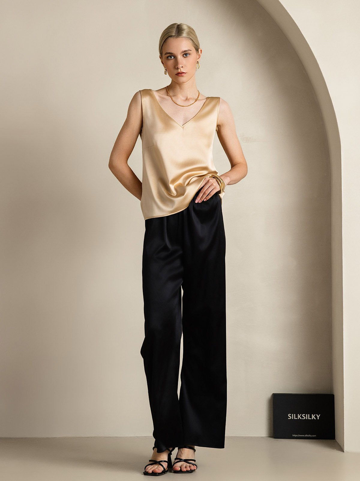 [Champagne] SilkSilky-NO 19Momme Silke V-Hals Camisole Topp 007