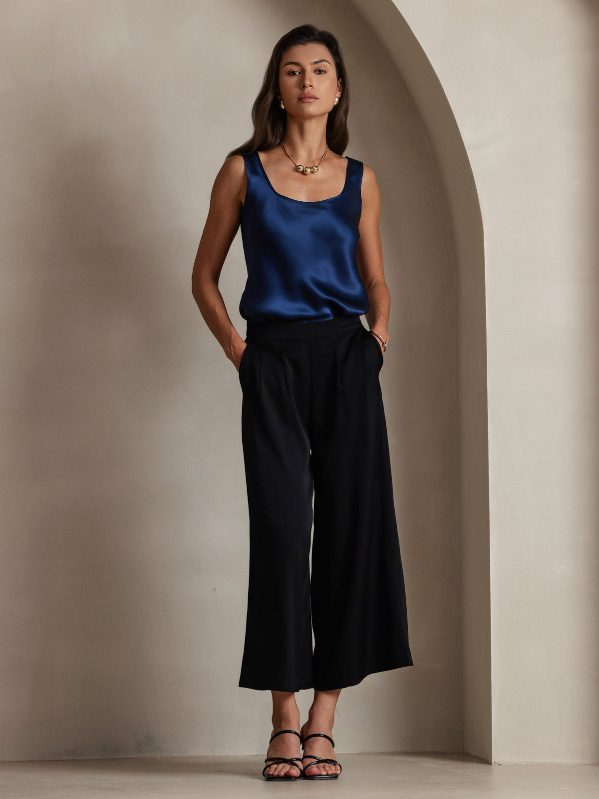 [Mørke blå] SilkSilky-NO 19Momme Silke U-hals Camisole Topp 008