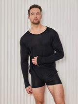 [Svart] SilkSilky-NO Long Sleeve Round Neck T-skjorte for Menn 003