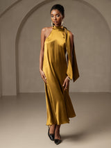 [Brun] SilkSilky-NO Sleeveless Halterneck Kjole 006