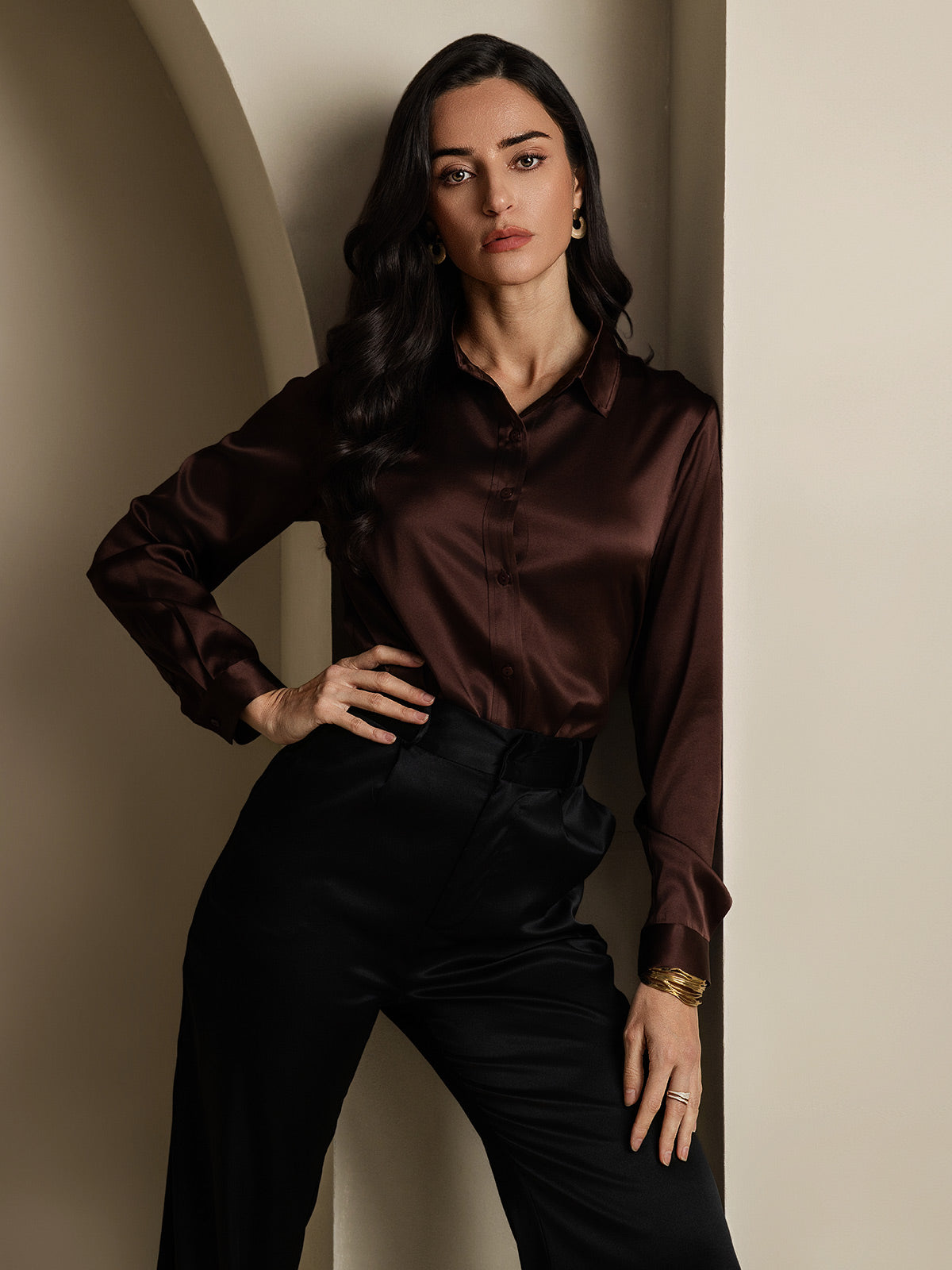 SilkSilky-NO 19Momme Silke Womens Shirt Kaffe 005