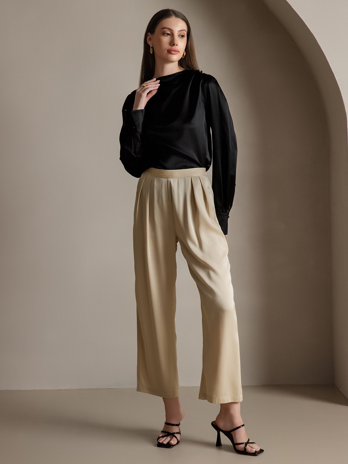 [Svart] SilkSilky-NO 19Momme Silke Womens Shirt 007