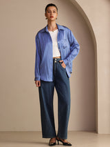 [Blå Nålestripete] SilkSilky-NO Long Sleeve Lapel Collar Skjorte for Kvinner 007