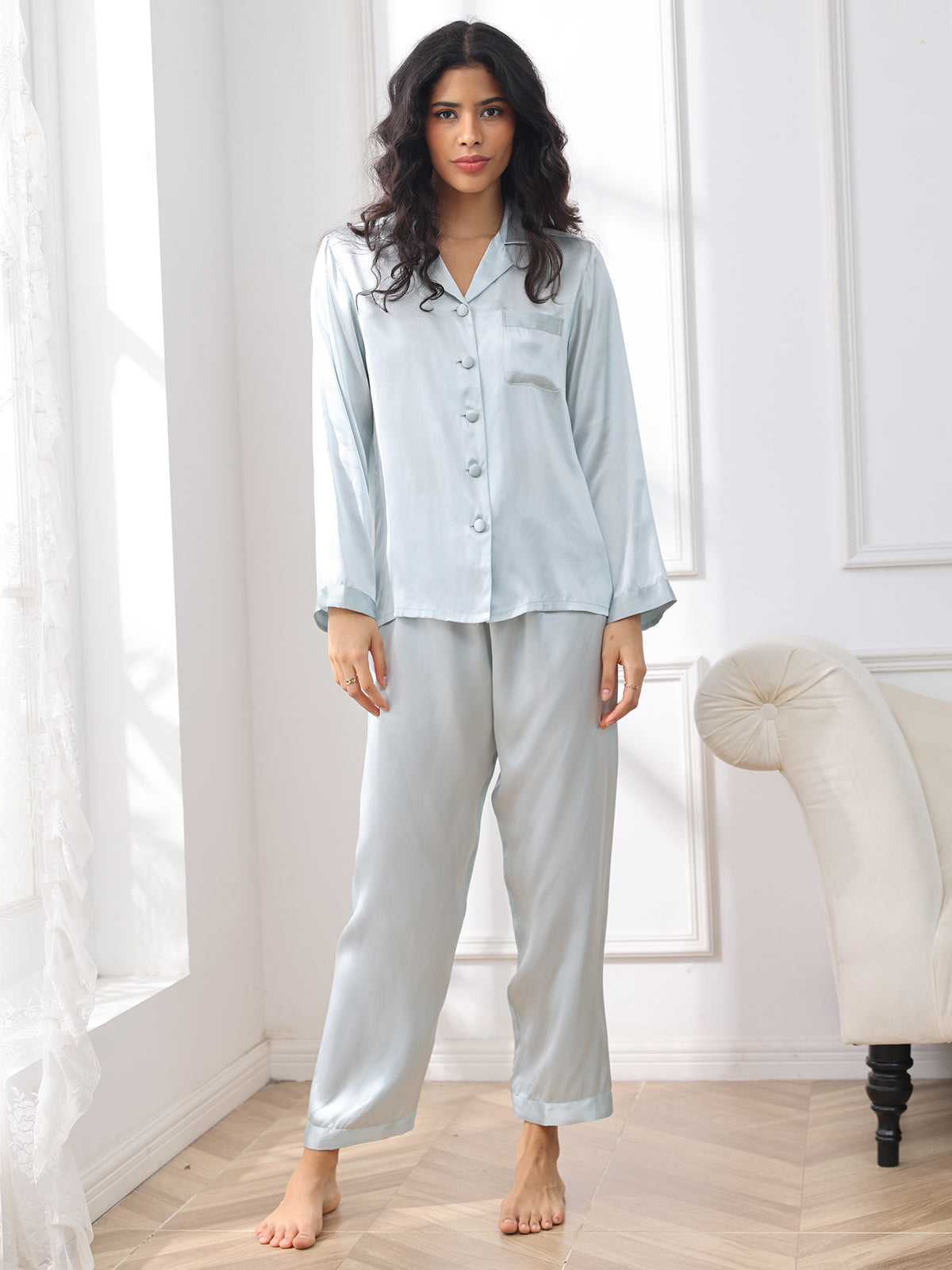 SilkSilky  Pure Silk Long Sleeve Lapel Women's Pajamas LightBlue 003