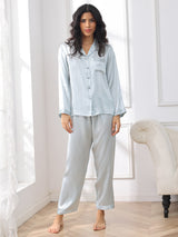 [Lyse Blå] SilkSilky-NO Long Sleeve Lapel Collar Pyjamas for Kvinner 003