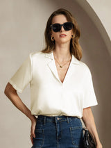 [Elfenbein] SilkSilky-NO Short Sleeve Lapel Collar Skjorte for Kvinner 003