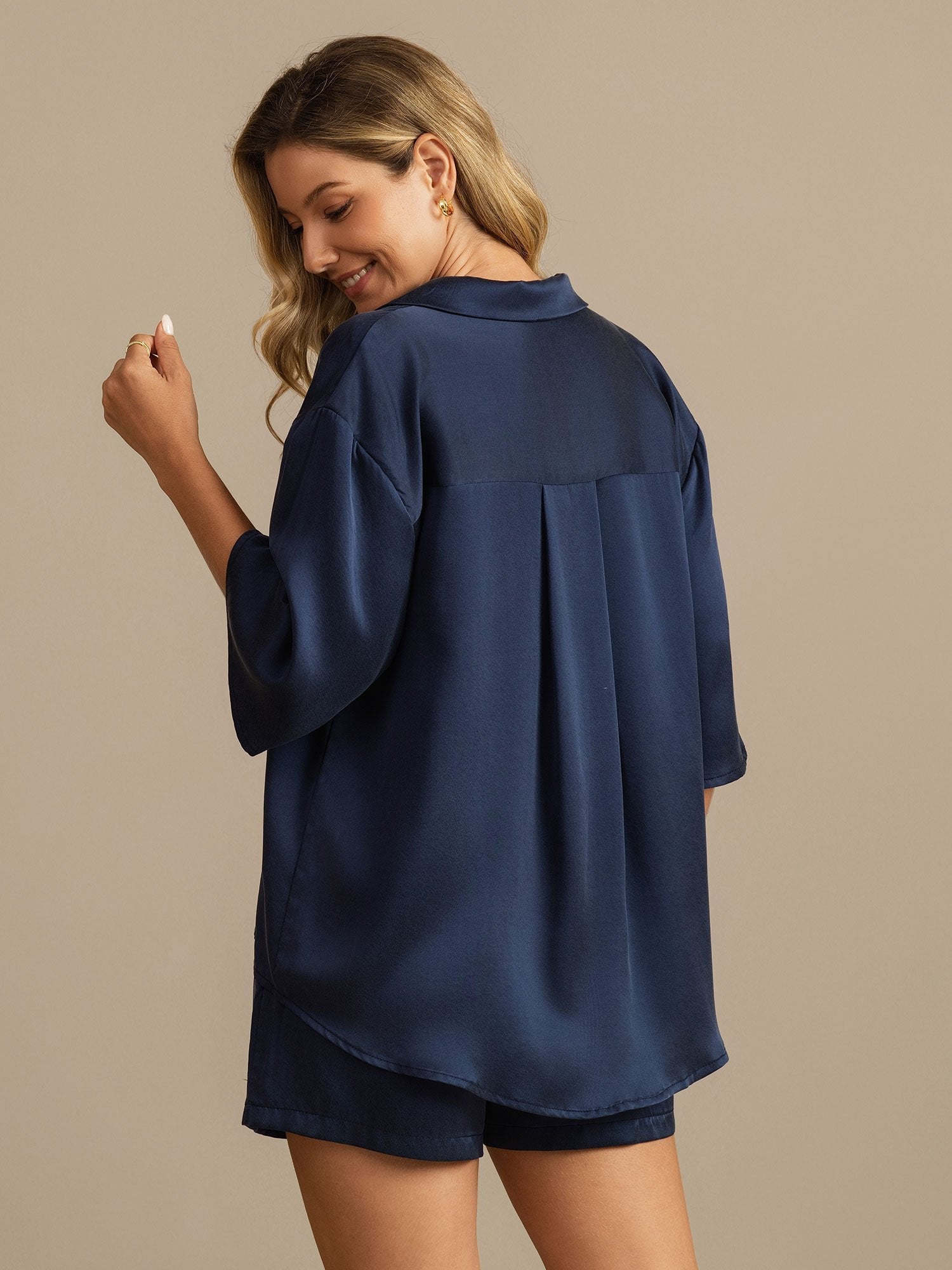 [Mørke blå] SilkSilky-NO 19Momme Silke Womens Pajamas 002