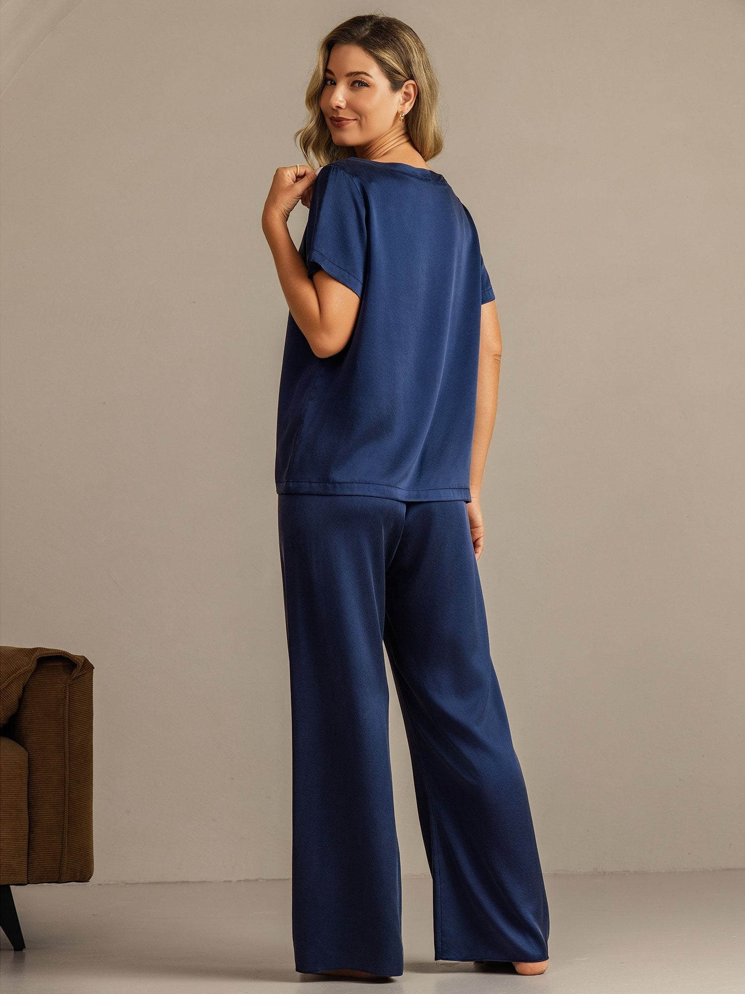 [Mørke blå] SilkSilky-NO 19Momme Silke Womens Pajamas 002