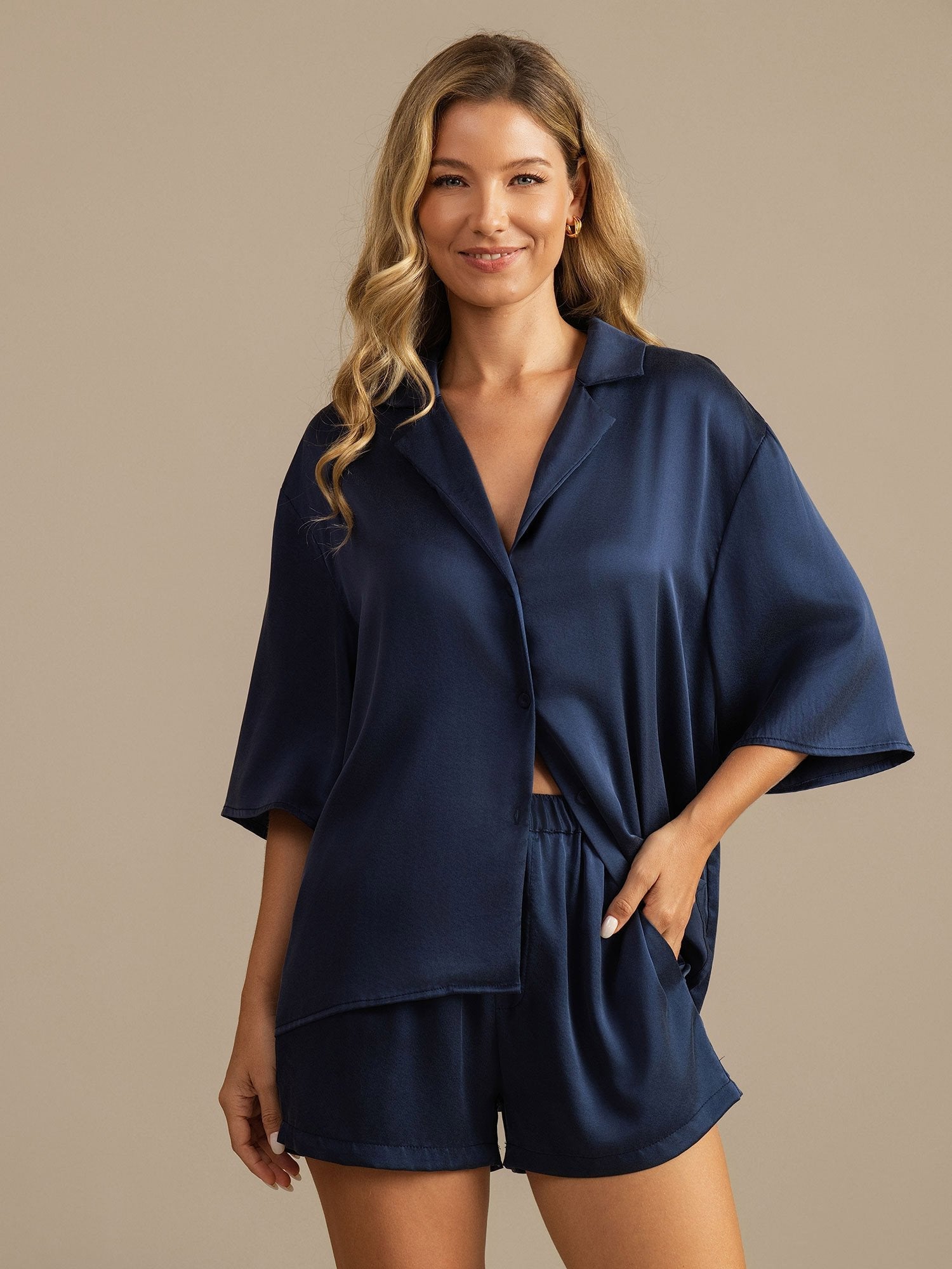 [Mørke blå] SilkSilky-NO 19Momme Silke Womens Pajamas 006