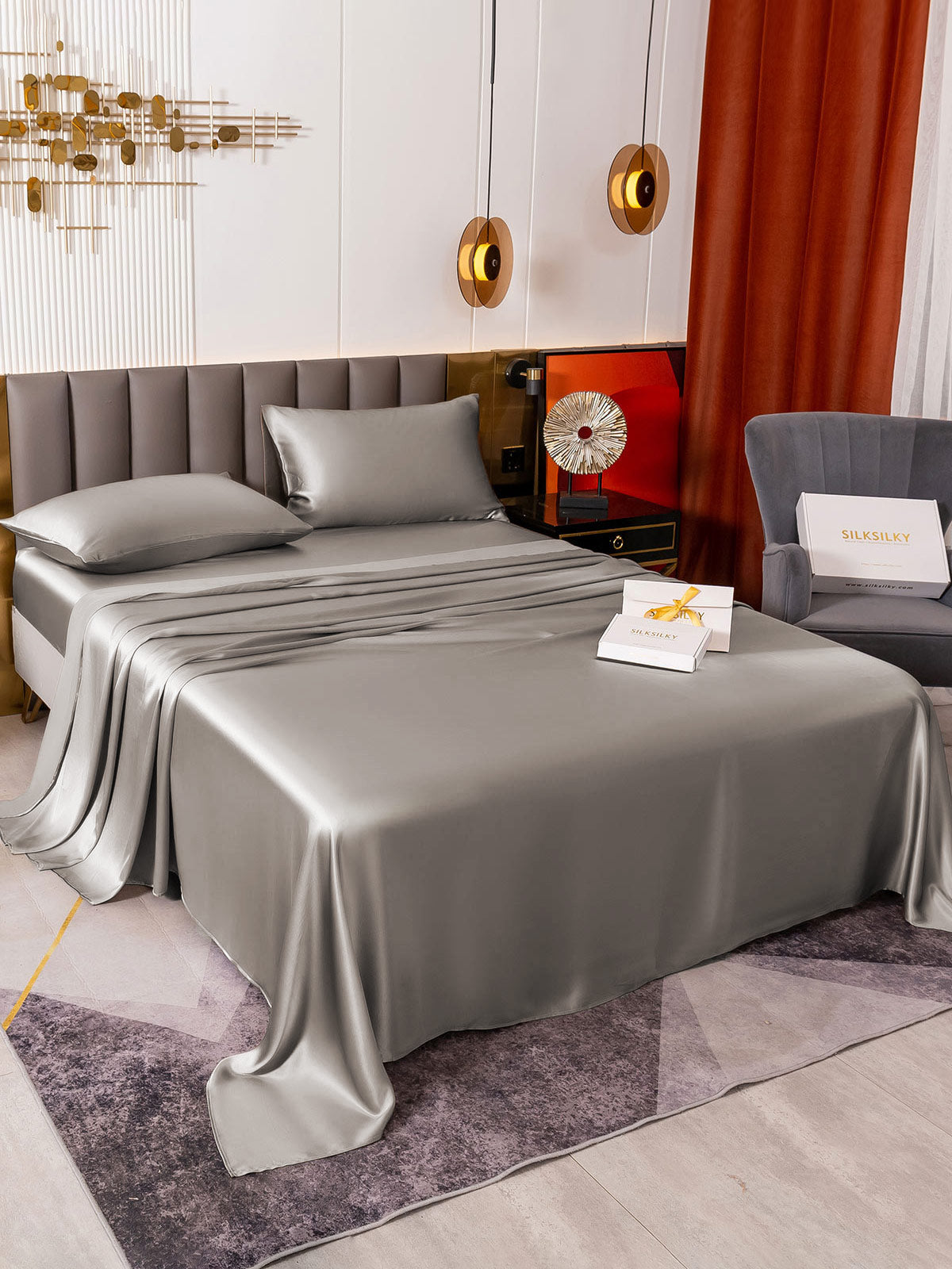 [Grå] SilkSilky-NO 19Momme Pure Silk Bedding Set 005