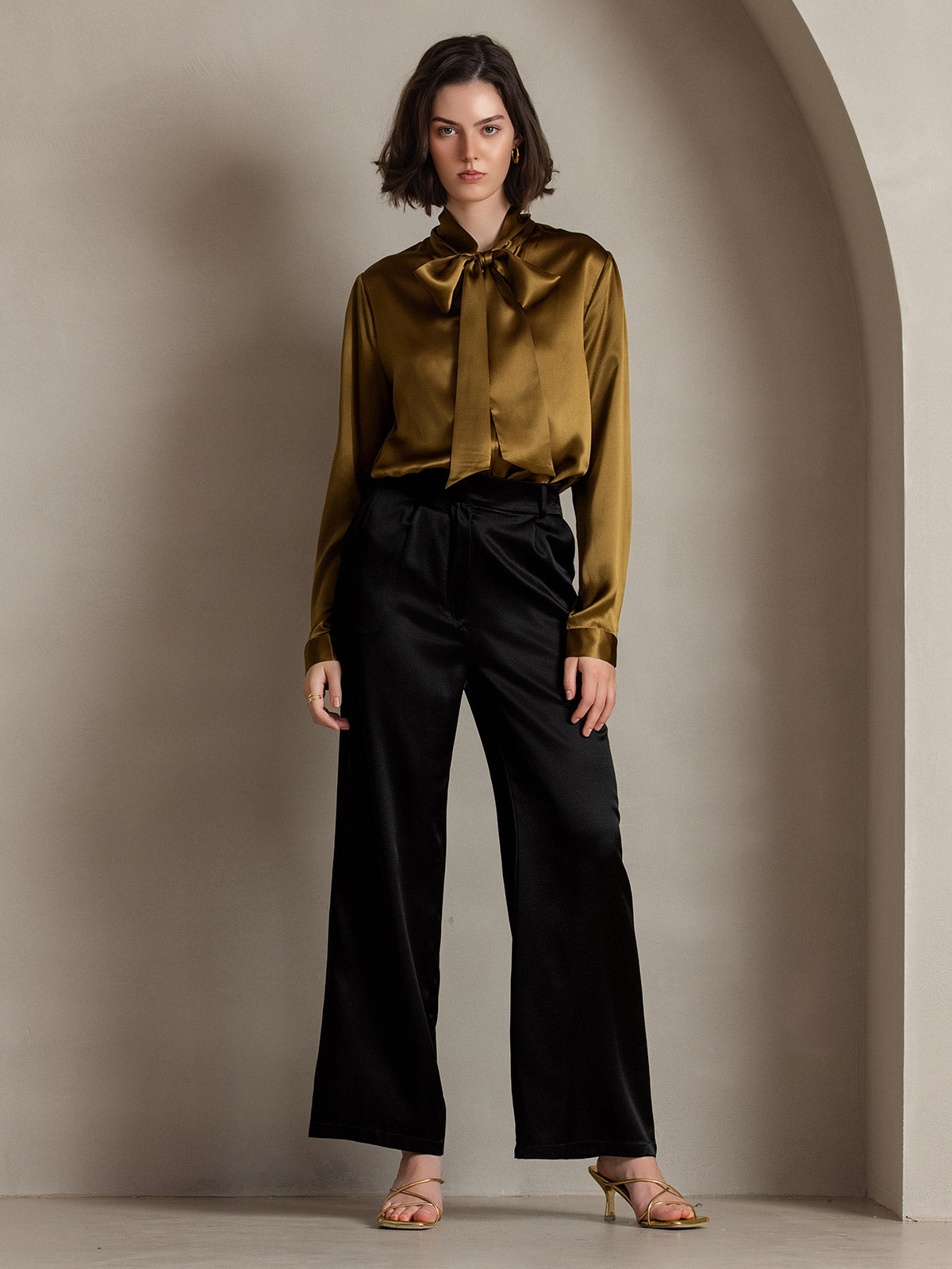 [Brun] SilkSilky-NO 19Momme Silke Long Sleeve Tie Neck Skjorte for Kvinner 004