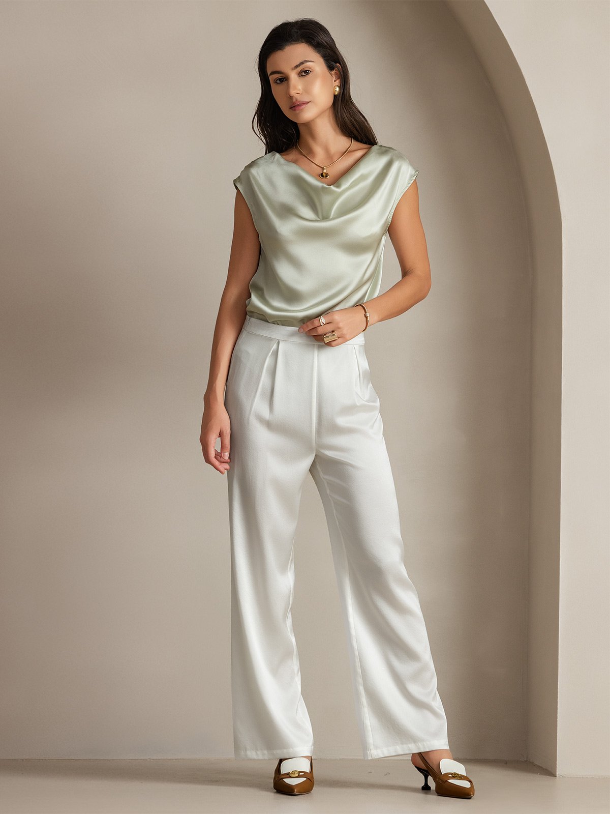 [Lysegrønn] SilkSilky-NO 19Momme Silke Womens T-Shirt 006