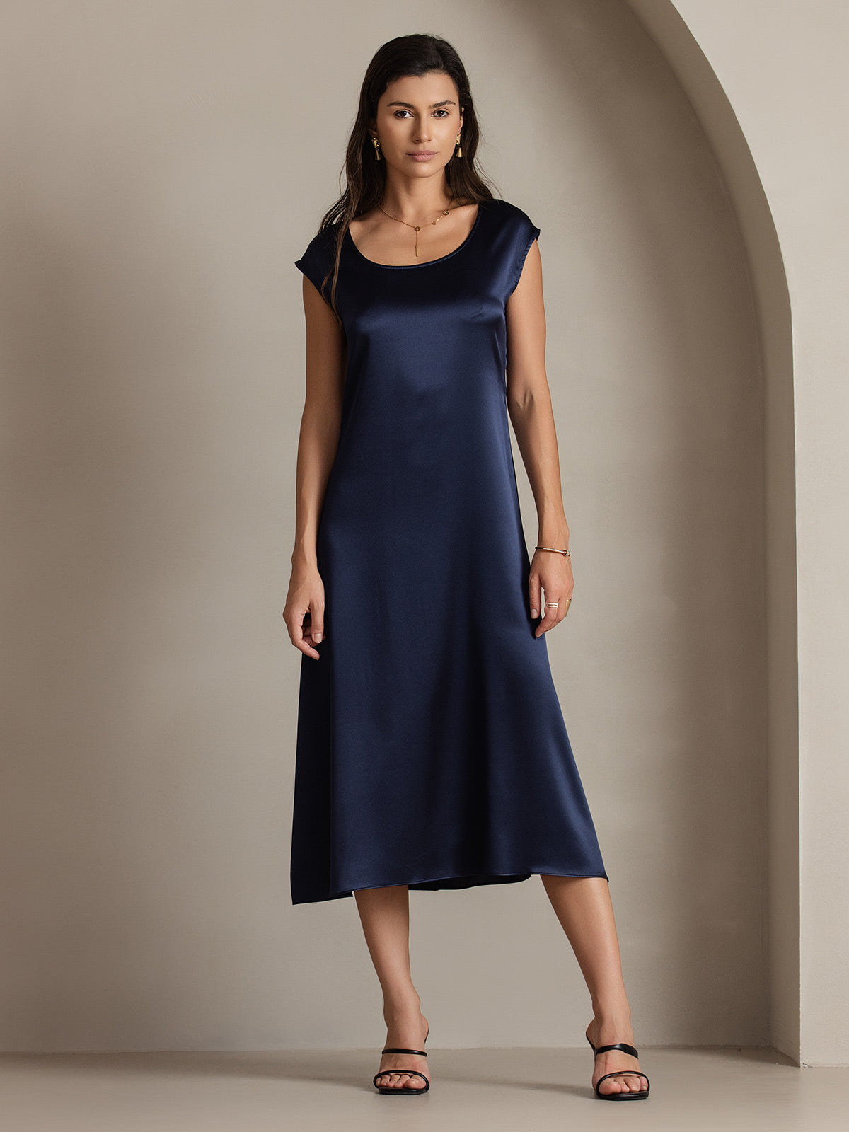 [Mørke blå] SilkSilky-NO 19Momme Silke Dress 005