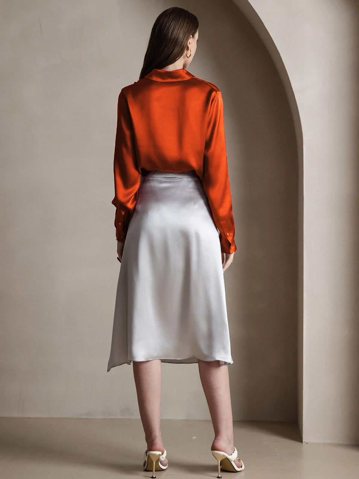 [Karamell] SilkSilky-NO 19Momme Silke Lapel Collar Skjorte for Kvinner 003