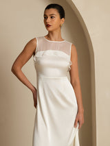 [Hvit] SilkSilky-NO 19Momme Sleeveless Illusion Neck Kjole 007