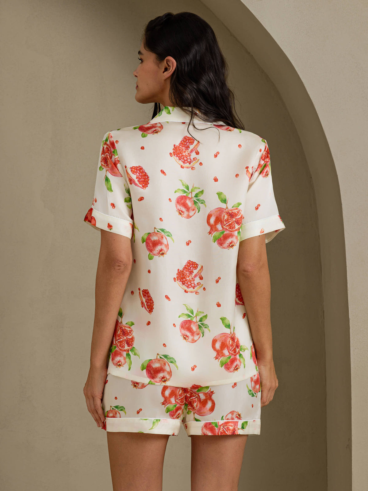 [Hvitt Granateple] SilkSilky-NO Short Sleeve Notch Collar Pyjamas for Kvinner 002