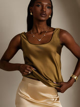 [Brun] SilkSilky-NO 19Momme Ermeløs Dyp Rund Halsutringning Camisole Topp 003