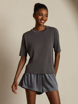 [Grå] SilkSilky-NO Halv erme Crew Neck T-skjorte for Kvinner 008