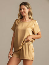 [Tan] SilkSilky-NO 19Momme Kort erm Rund Hals Pyjamas for Kvinner 006