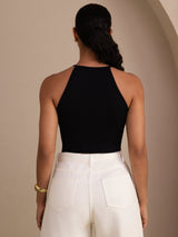 [Svart] SilkSilky-NO Sleeveless Crew Neck Camisole Topp 002