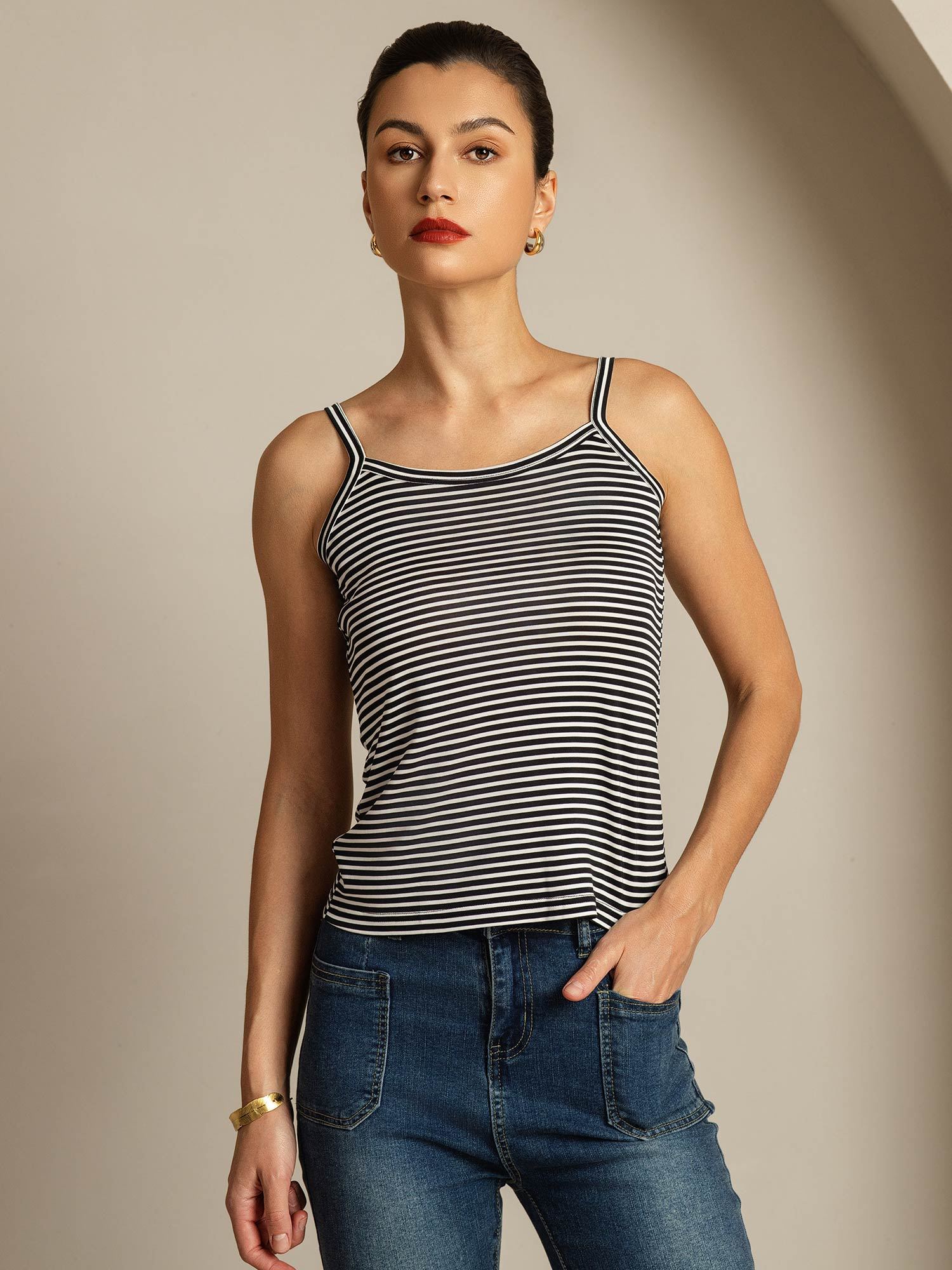 [Svart Stripe] SilkSilky-NO Square Neck Camisole Topp 001