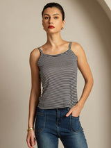 [Svart Stripe] SilkSilky-NO Square Neck Camisole Topp 001