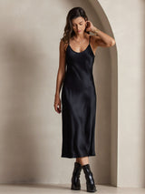 [Svart] SilkSilky-NO Spaghetti Strap V Neck Kjole 006