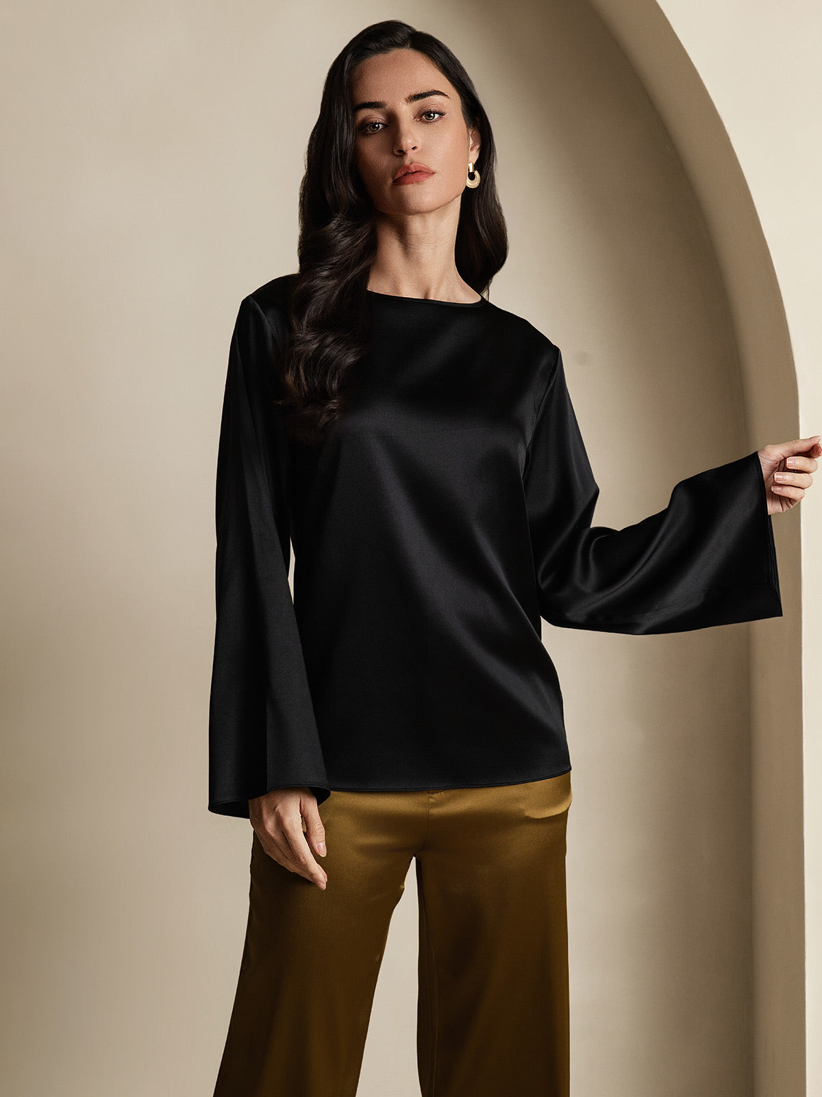 [Svart] SilkSilky-NO 19Momme Silke Womens T-Shirt 001