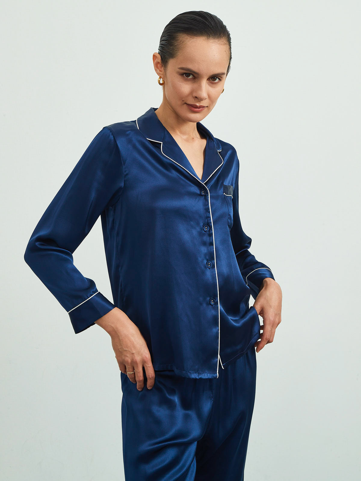 SilkSilky  Pure Silk Long Sleeve Lapel Women's Pajamas DarkBlue 003