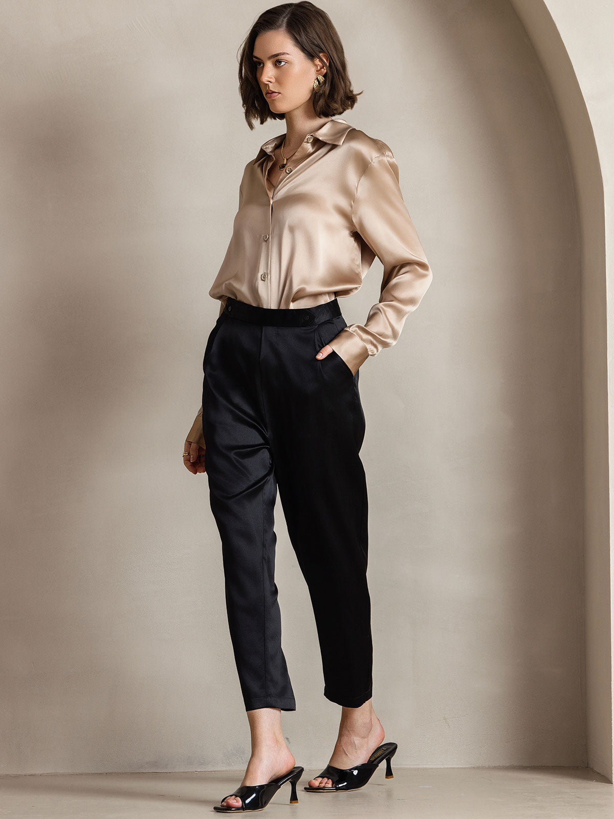 [Champagne] SilkSilky-NO Silke Long Sleeve Collar Skjorte for Kvinner 008