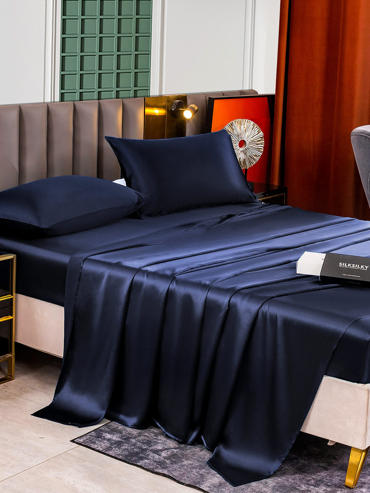 [Mørke blå] SilkSilky-NO 25Momme Bedding Set 006
