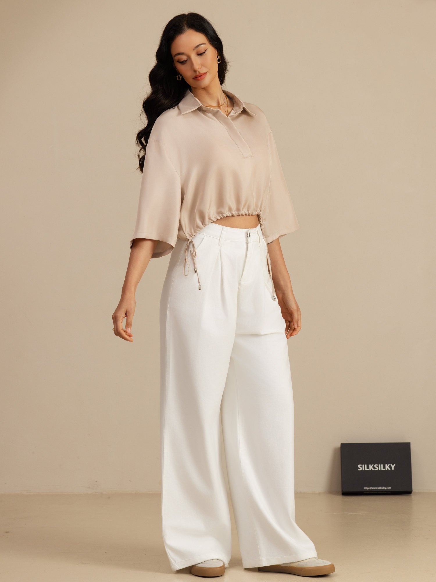 [Tan] SilkSilky-NO 18Momme Halv erme Slagkrage Bluse 007