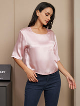[Rosa] SilkSilky-NO Halv erme Dyp Rund Halsutringning T-skjorte for Kvinner 003