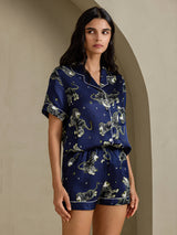 [Marineblå Løve] SilkSilky-NO Short Sleeve Notch Collar Pyjamas for Kvinner 004