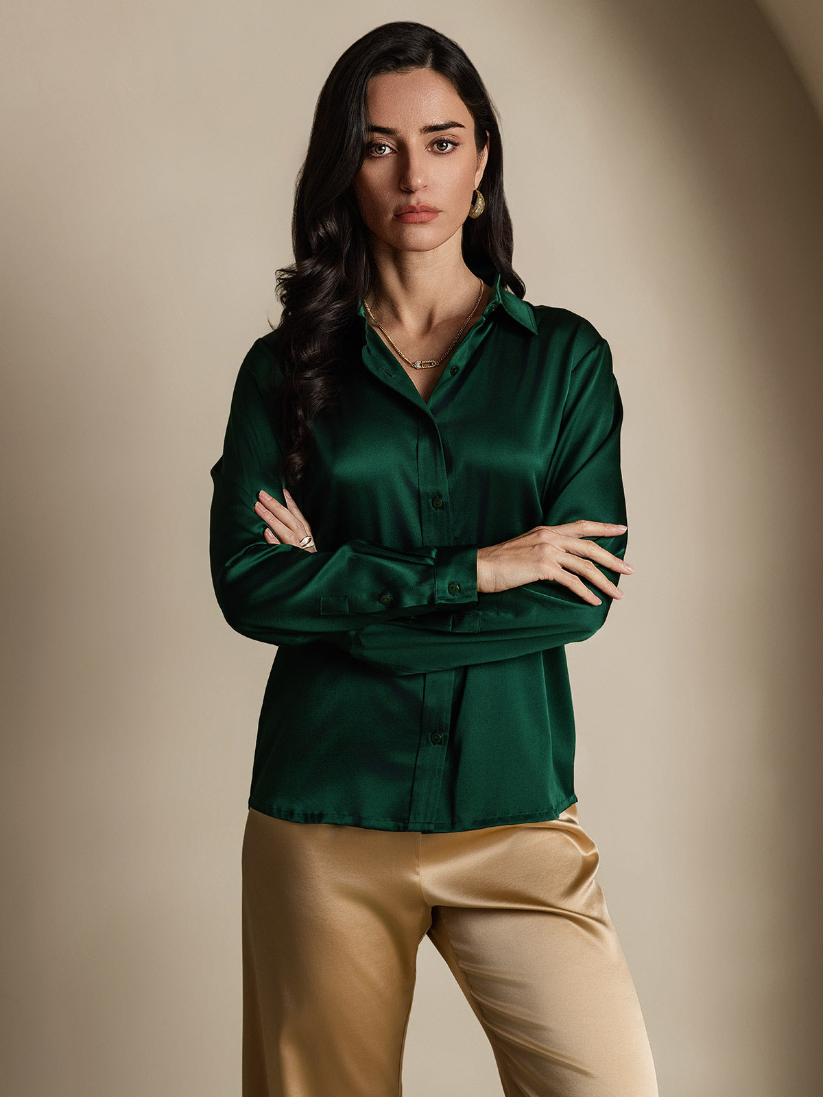 SilkSilky-NO 19Momme Silke Womens Shirt MørkGrønn 005