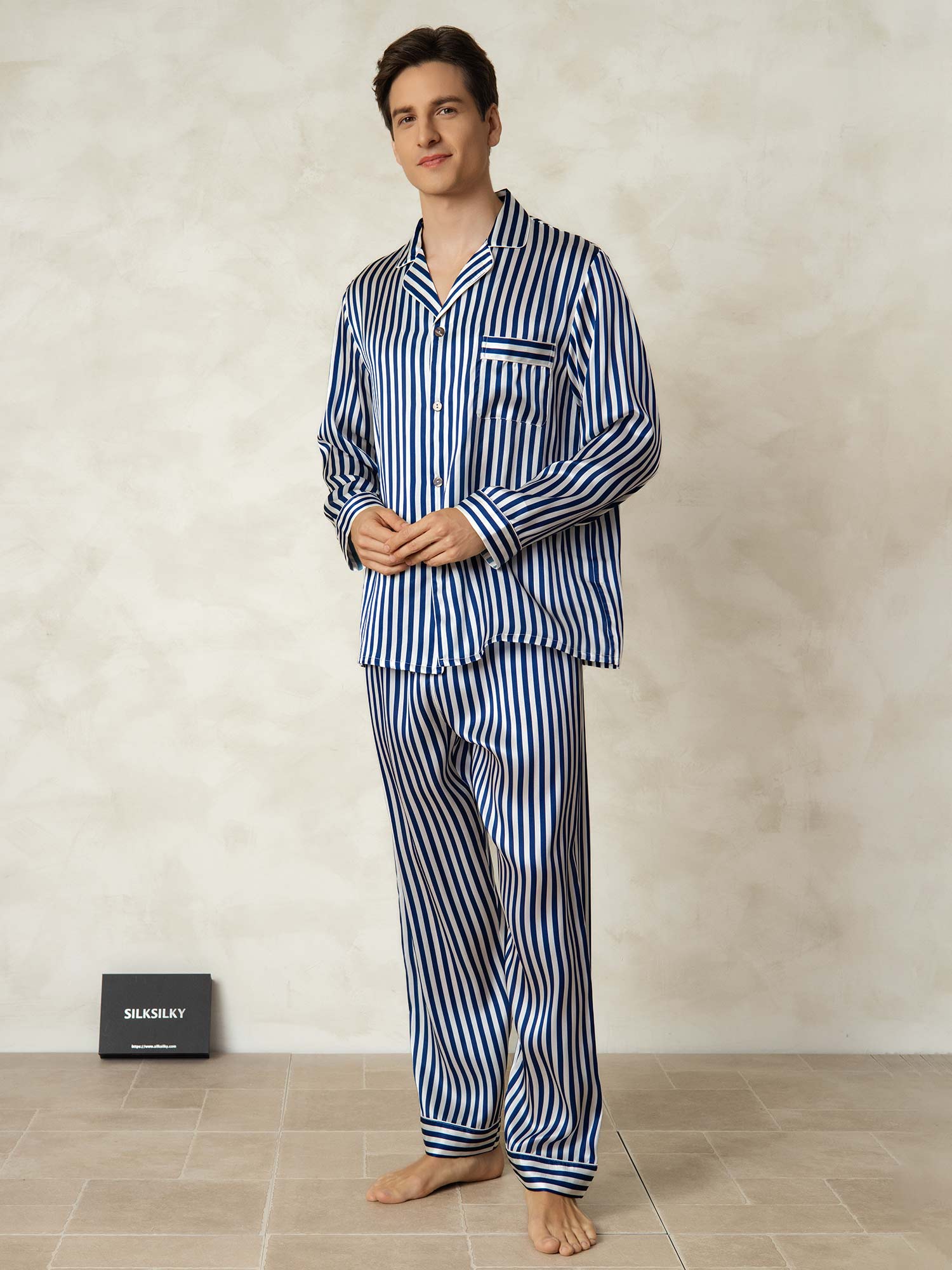 [Marine Stripe] SilkSilky-NO 19Momme Mens Pajamas 007